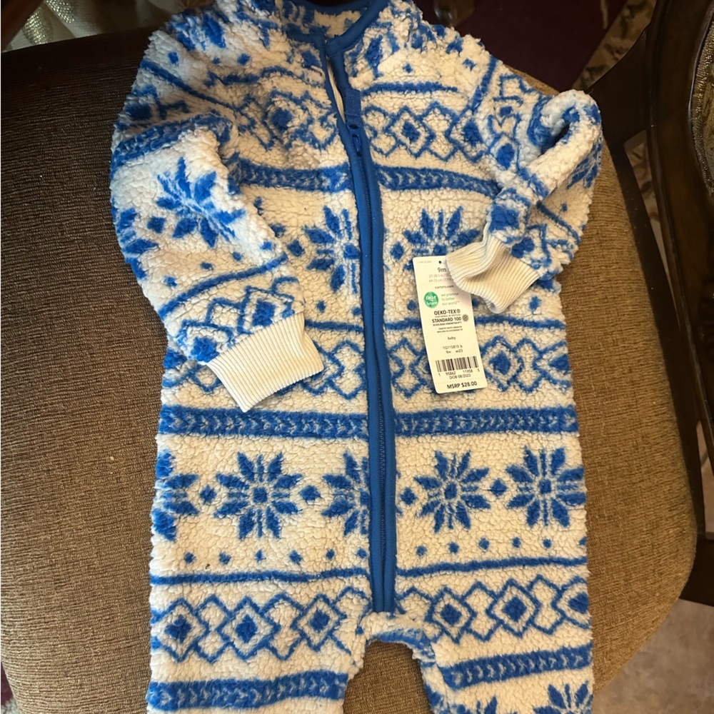 Blue and White Patterned Baby Furry Onsie
